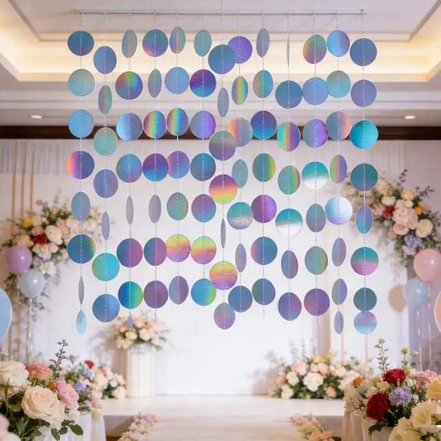 Alt view image 6 of 6 - 6 Pack 13Ft Iridescent Circle Garlands Holographic Party Decorations Hanging Streamers Banner for Wall Wedding Birthday Graduation Disco Party Decor