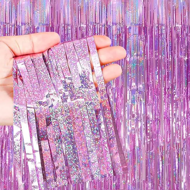 Alt view image 4 of 7 - 3 Pack Foil Curtain Backdrop 3.3x6.6 ft Tinsel Fringe Curtains for Parties Metallic Streamers Photo Booth Props,Wedding & Birthday,Holiday Decorations Disco,Bachelorette,Door Hanging Decor (Pink)