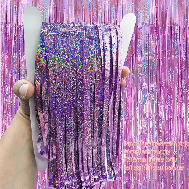 Alt view image 3 of 7 - 3 Pack Foil Curtain Backdrop 3.3x6.6 ft Tinsel Fringe Curtains for Parties Metallic Streamers Photo Booth Props,Wedding & Birthday,Holiday Decorations Disco,Bachelorette,Door Hanging Decor (Pink)