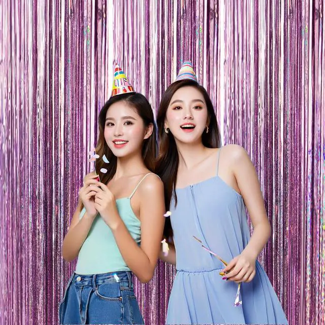 Alt view image 5 of 7 - 3 Pack Foil Curtain Backdrop 3.3x6.6 ft Tinsel Fringe Curtains for Parties Metallic Streamers Photo Booth Props,Wedding & Birthday,Holiday Decorations Disco,Bachelorette,Door Hanging Decor (Pink)