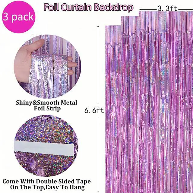 Alt view image 7 of 7 - 3 Pack Foil Curtain Backdrop 3.3x6.6 ft Tinsel Fringe Curtains for Parties Metallic Streamers Photo Booth Props,Wedding & Birthday,Holiday Decorations Disco,Bachelorette,Door Hanging Decor (Pink)
