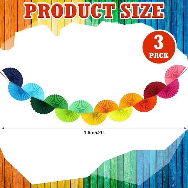 Alt view image 2 of 6 - 3 Pack Wedding Paper Fans Garland 15.6ft Colorful Background Ceiling Hanging Decorations Set for Birthday Party Supplies 3D Bachelorette Party Decorations (Rainbow)