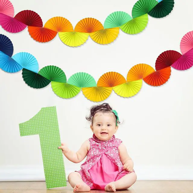 Alt view image 5 of 6 - 3 Pack Wedding Paper Fans Garland 15.6ft Colorful Background Ceiling Hanging Decorations Set for Birthday Party Supplies 3D Bachelorette Party Decorations (Rainbow)