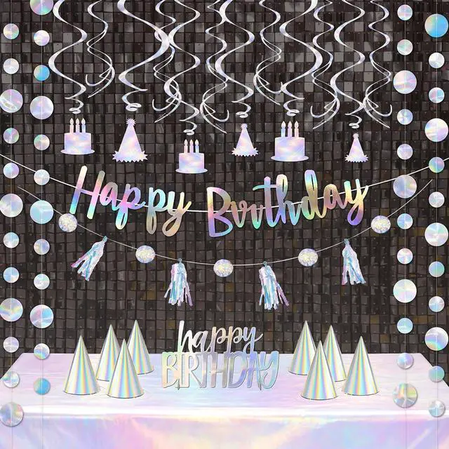 Main image of 28-Piece Iridescent Birthday Party Decoration Kit Happy Birthday Banner, Hanging Swirls, Garlands, Table Centerpiece, Tablecloth & Cone Hats for a Shimmering, Photo-Ready Celebration