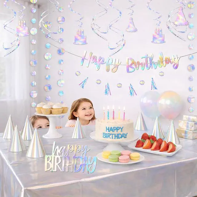 Alt view image 2 of 7 - 28-Piece Iridescent Birthday Party Decoration Kit Happy Birthday Banner, Hanging Swirls, Garlands, Table Centerpiece, Tablecloth & Cone Hats for a Shimmering, Photo-Ready Celebration