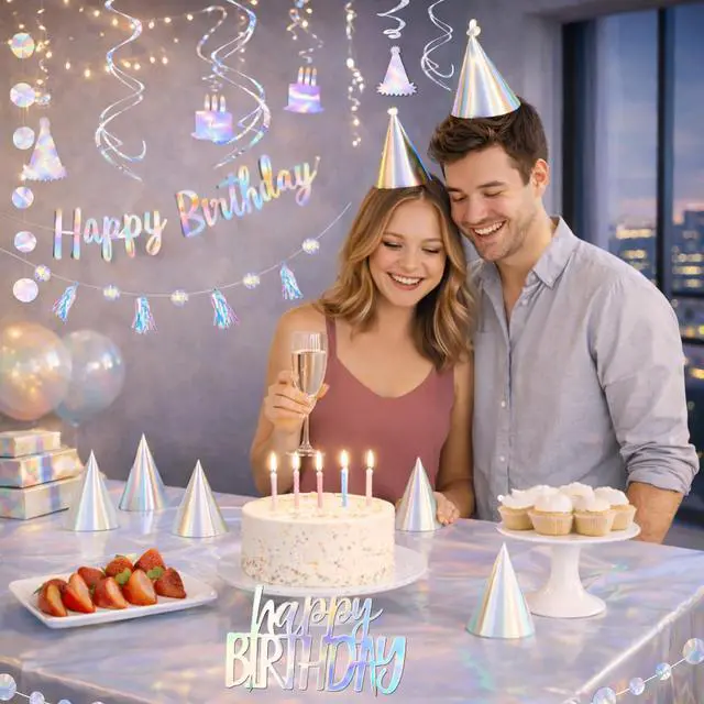 Alt view image 3 of 7 - 28-Piece Iridescent Birthday Party Decoration Kit Happy Birthday Banner, Hanging Swirls, Garlands, Table Centerpiece, Tablecloth & Cone Hats for a Shimmering, Photo-Ready Celebration