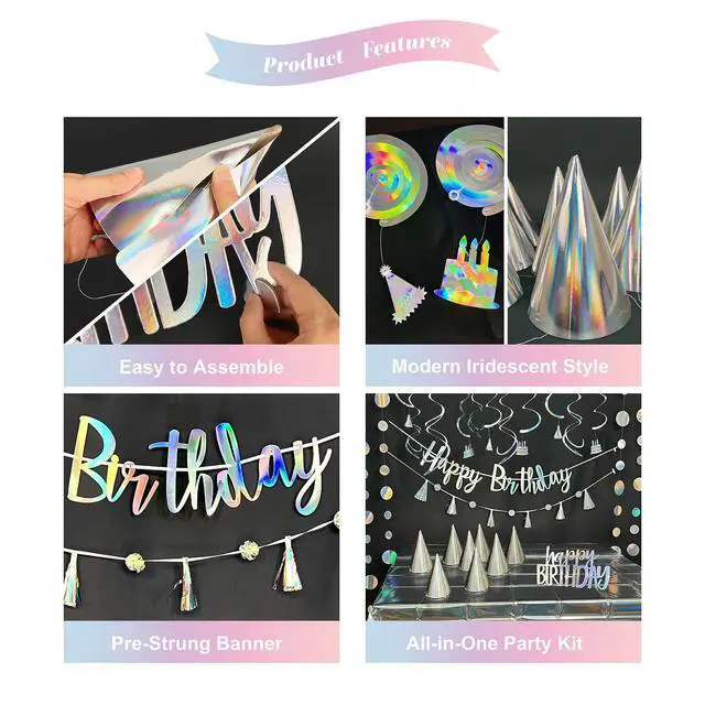 Alt view image 5 of 7 - 28-Piece Iridescent Birthday Party Decoration Kit Happy Birthday Banner, Hanging Swirls, Garlands, Table Centerpiece, Tablecloth & Cone Hats for a Shimmering, Photo-Ready Celebration