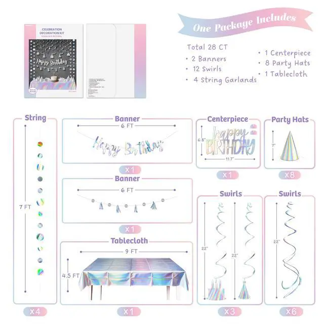 Alt view image 4 of 7 - 28-Piece Iridescent Birthday Party Decoration Kit Happy Birthday Banner, Hanging Swirls, Garlands, Table Centerpiece, Tablecloth & Cone Hats for a Shimmering, Photo-Ready Celebration