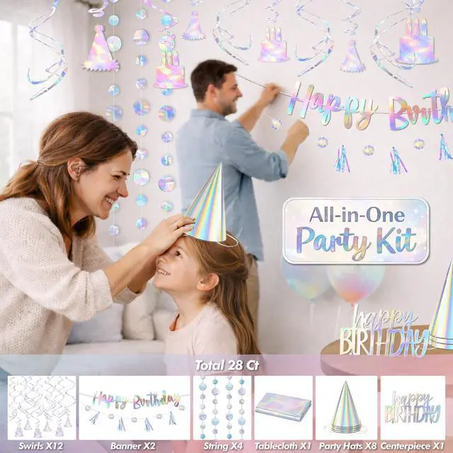 Alt view image 6 of 7 - 28-Piece Iridescent Birthday Party Decoration Kit Happy Birthday Banner, Hanging Swirls, Garlands, Table Centerpiece, Tablecloth & Cone Hats for a Shimmering, Photo-Ready Celebration