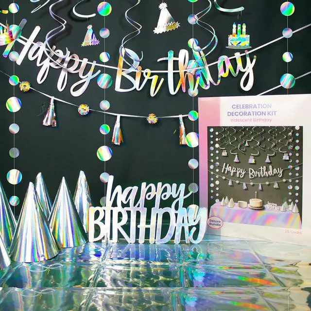 Alt view image 7 of 7 - 28-Piece Iridescent Birthday Party Decoration Kit Happy Birthday Banner, Hanging Swirls, Garlands, Table Centerpiece, Tablecloth & Cone Hats for a Shimmering, Photo-Ready Celebration