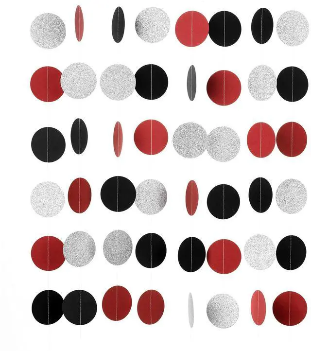 Main image of Red Black Silver Glitter Paper Garland Circle Dot Streamer Party Banner Backdrop Hanging Decorations, 2.5" in Diameter, 20 Feet in Total