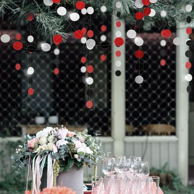 Alt view image 3 of 4 - Red Black Silver Glitter Paper Garland Circle Dot Streamer Party Banner Backdrop Hanging Decorations, 2.5" in Diameter, 20 Feet in Total