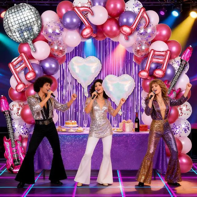 Alt view image 5 of 7 - 63 Pcs Music Dance Party Decorations Set for Kpop Party Decorations,Purple Pink Music Note Balloons Purple TableclothTinsel Streamers Foil Fringe for Disco Birthday Concert Dance Decor