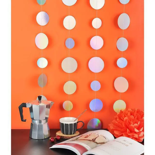 Alt view image 4 of 4 - Holographic Paper Garland Shiny Iridescent Circle Dots Party Streamer Banner Backdrop Hanging Decorations, 20 Feet in Total