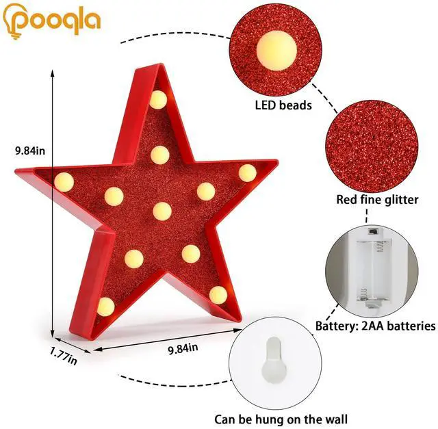 Alt view image 6 of 6 - Star Marquee Lights, Glitter LED Marquee, Red Light Up Star - Battery Powered Night Light for Birthday Party, Wedding, Christmas Decoration
