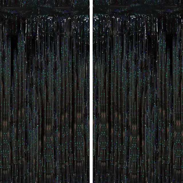 Main image of 2 Pack Laser Black Tinsel Foil Fringe Curtains, Black Party Decorations, Metallic Tinsel Party Streamers Backdrop for Birthday Halloween Masquerade New Years Gatsby 1920s Party Decorations