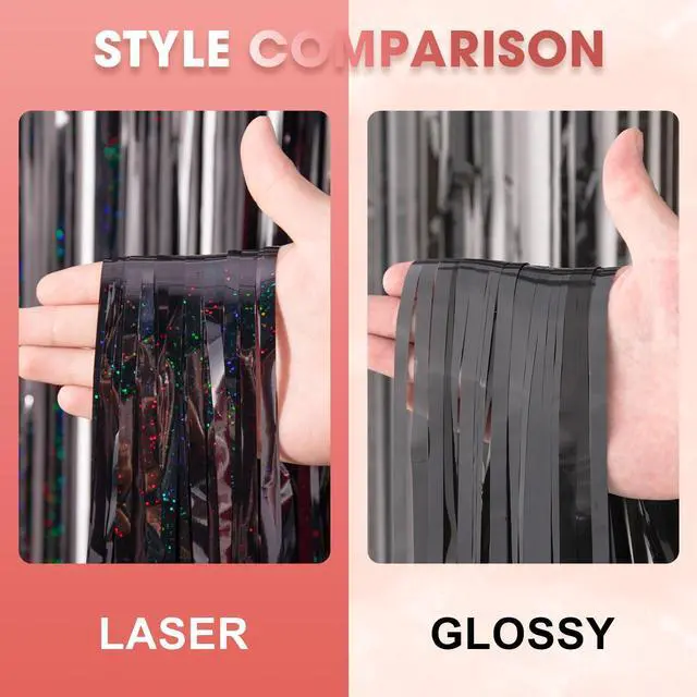 Alt view image 3 of 7 - 2 Pack Laser Black Tinsel Foil Fringe Curtains, Black Party Decorations, Metallic Tinsel Party Streamers Backdrop for Birthday Halloween Masquerade New Years Gatsby 1920s Party Decorations