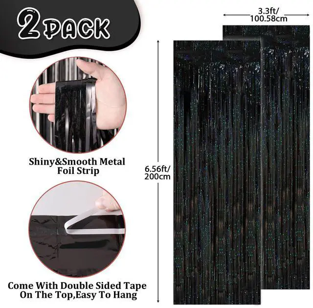 Alt view image 4 of 7 - 2 Pack Laser Black Tinsel Foil Fringe Curtains, Black Party Decorations, Metallic Tinsel Party Streamers Backdrop for Birthday Halloween Masquerade New Years Gatsby 1920s Party Decorations