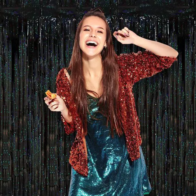 Alt view image 7 of 7 - 2 Pack Laser Black Tinsel Foil Fringe Curtains, Black Party Decorations, Metallic Tinsel Party Streamers Backdrop for Birthday Halloween Masquerade New Years Gatsby 1920s Party Decorations