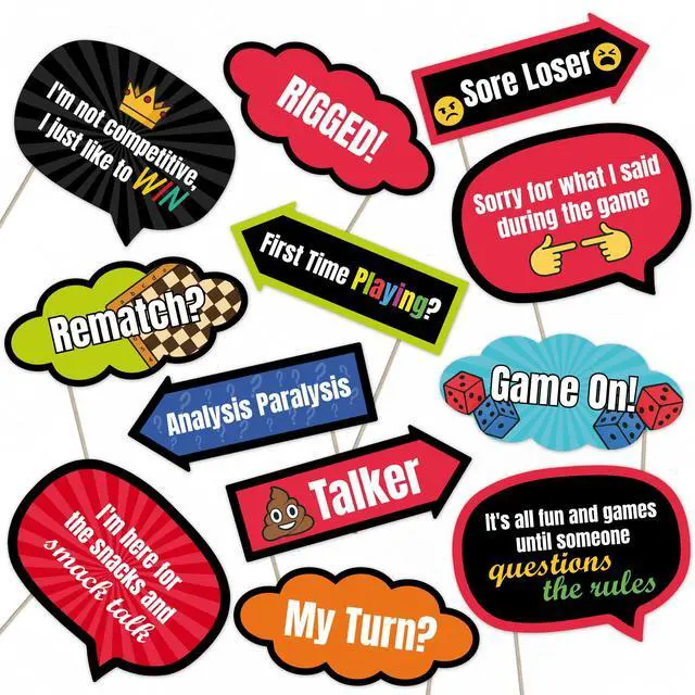 Main image of Game Night Photo Booth Props 12 Funny Party Signs for Board Game Night, Family Party Decorations, Tabletop Party Favors