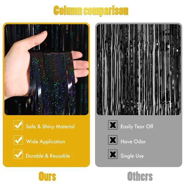 Alt view image 2 of 7 - CANREVEL 2 Pack 3.3x8.2 Feet Laser Black Foil Fringe Backdrop Curtains, Tinsel Streamers Birthday Party Decorations, Fringe Backdrop for Graduation, Halloween, Happy New Year, Disco Party
