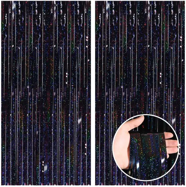 Main image of CANREVEL 2 Pack 3.3x8.2 Feet Laser Black Foil Fringe Backdrop Curtains, Tinsel Streamers Birthday Party Decorations, Fringe Backdrop for Graduation, Halloween, Happy New Year, Disco Party