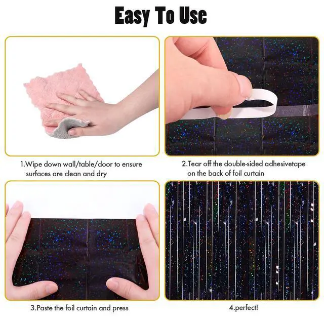 Alt view image 4 of 7 - CANREVEL 2 Pack 3.3x8.2 Feet Laser Black Foil Fringe Backdrop Curtains, Tinsel Streamers Birthday Party Decorations, Fringe Backdrop for Graduation, Halloween, Happy New Year, Disco Party