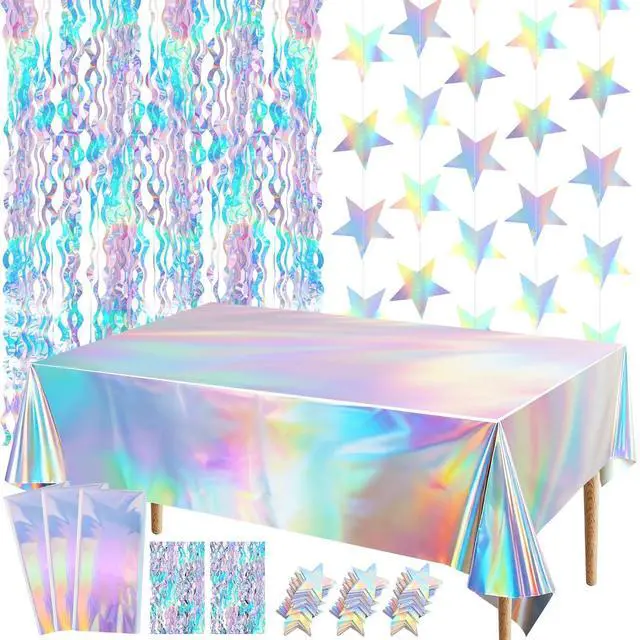 Main image of 8 PCS Iridescent Kpop Party Decorations Twinkle Little Star Streamers Hanging Banner Tablecloths Disposable Tinsel Foil Fringe Curtains Wavy Backdrop Birthday Baby Bridal Shower Decor