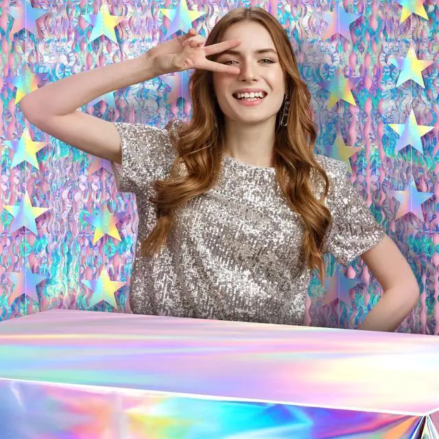 Alt view image 7 of 7 - 8 PCS Iridescent Kpop Party Decorations Twinkle Little Star Streamers Hanging Banner Tablecloths Disposable Tinsel Foil Fringe Curtains Wavy Backdrop Birthday Baby Bridal Shower Decor