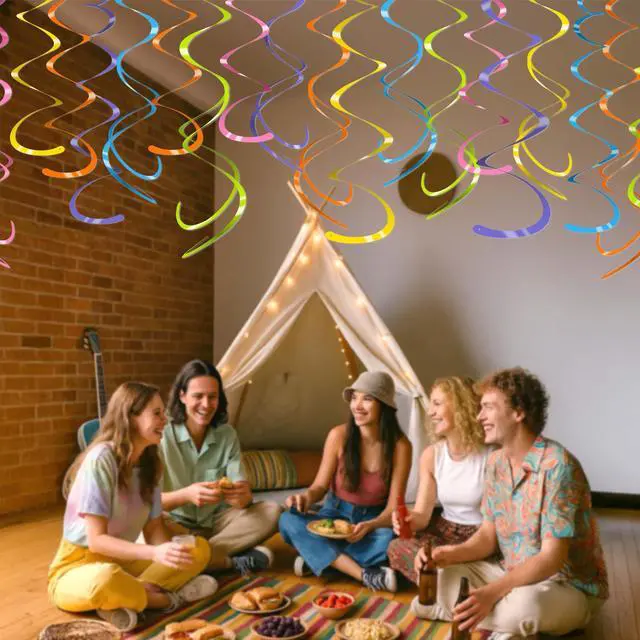 Alt view image 3 of 7 - 42-Piece Hanging Swirl Decorations for Ceiling, Shiny Waterproof Colorful Streamers with Single & Double Spirals for Birthday Parties, Indoor & Outdoor Events, Easter & Holiday Celebrations