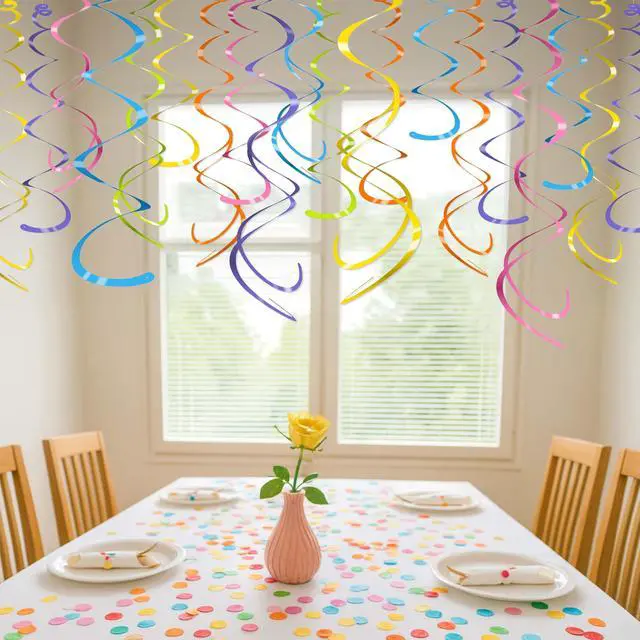 Alt view image 2 of 7 - 42-Piece Hanging Swirl Decorations for Ceiling, Shiny Waterproof Colorful Streamers with Single & Double Spirals for Birthday Parties, Indoor & Outdoor Events, Easter & Holiday Celebrations
