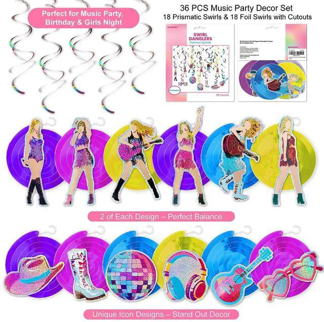 Alt view image 4 of 7 - 36Pcs Colorful Double Swirl Hanging Party Decorations - Includes 18 Foil Swirls & 18 Prismatic Swirls | Perfect for Music Parties, Karaoke Nights, Birthdays, Girls' Night Out, or Stage Decor
