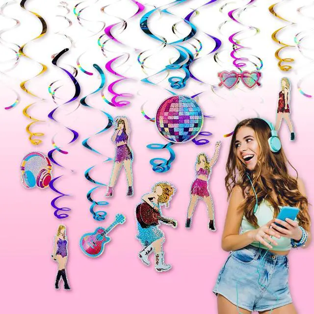 Alt view image 5 of 7 - 36Pcs Colorful Double Swirl Hanging Party Decorations - Includes 18 Foil Swirls & 18 Prismatic Swirls | Perfect for Music Parties, Karaoke Nights, Birthdays, Girls' Night Out, or Stage Decor