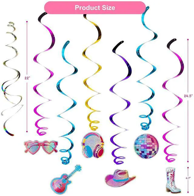 Alt view image 7 of 7 - 36Pcs Colorful Double Swirl Hanging Party Decorations - Includes 18 Foil Swirls & 18 Prismatic Swirls | Perfect for Music Parties, Karaoke Nights, Birthdays, Girls' Night Out, or Stage Decor