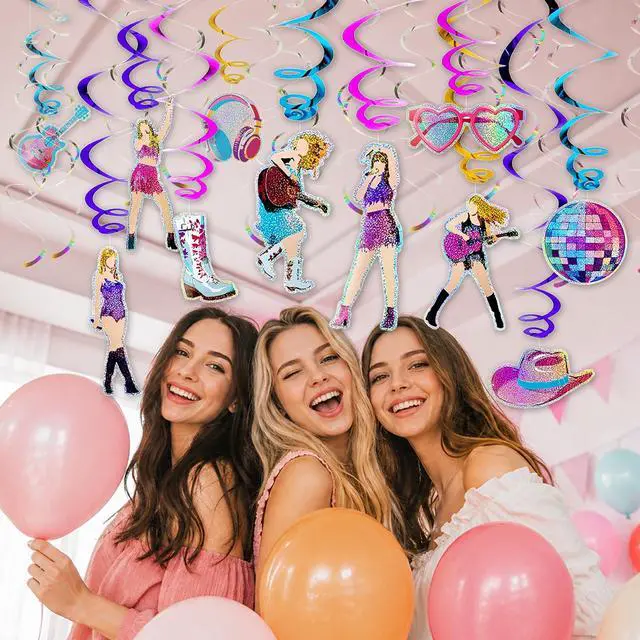 Alt view image 2 of 7 - 36Pcs Colorful Double Swirl Hanging Party Decorations - Includes 18 Foil Swirls & 18 Prismatic Swirls | Perfect for Music Parties, Karaoke Nights, Birthdays, Girls' Night Out, or Stage Decor