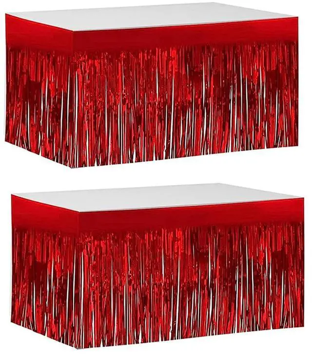 Main image of 2 Pack 29.5x108 Inch Metallic Foil Fringe Tinsel Table Skirts for Rectangle Tables Party Table Skirt for Wedding, Birthday,Party Decorations(Red)