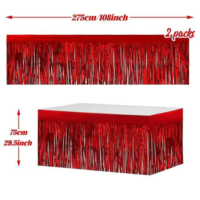 Alt view image 2 of 7 - 2 Pack 29.5x108 Inch Metallic Foil Fringe Tinsel Table Skirts for Rectangle Tables Party Table Skirt for Wedding, Birthday,Party Decorations(Red)