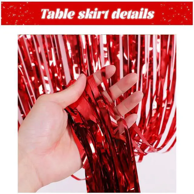Alt view image 3 of 7 - 2 Pack 29.5x108 Inch Metallic Foil Fringe Tinsel Table Skirts for Rectangle Tables Party Table Skirt for Wedding, Birthday,Party Decorations(Red)
