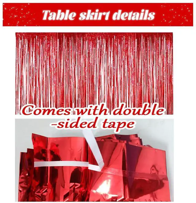 Alt view image 4 of 7 - 2 Pack 29.5x108 Inch Metallic Foil Fringe Tinsel Table Skirts for Rectangle Tables Party Table Skirt for Wedding, Birthday,Party Decorations(Red)