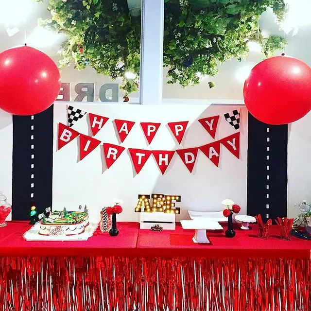 Alt view image 5 of 7 - 2 Pack 29.5x108 Inch Metallic Foil Fringe Tinsel Table Skirts for Rectangle Tables Party Table Skirt for Wedding, Birthday,Party Decorations(Red)