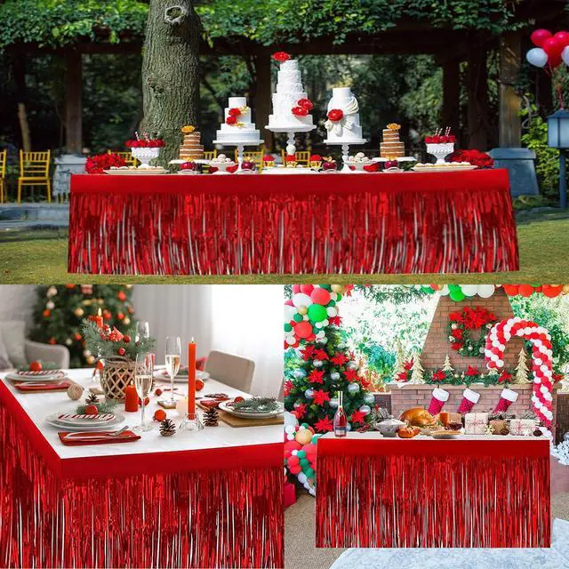 Alt view image 6 of 7 - 2 Pack 29.5x108 Inch Metallic Foil Fringe Tinsel Table Skirts for Rectangle Tables Party Table Skirt for Wedding, Birthday,Party Decorations(Red)