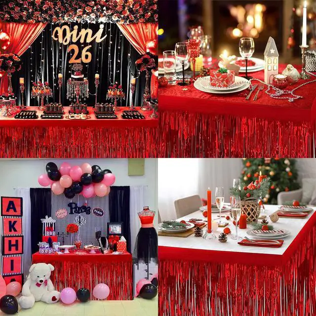 Alt view image 7 of 7 - 2 Pack 29.5x108 Inch Metallic Foil Fringe Tinsel Table Skirts for Rectangle Tables Party Table Skirt for Wedding, Birthday,Party Decorations(Red)