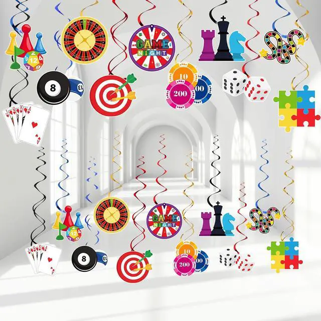 Main image of 52 Pcs Game Night Hanging Swirl Decorations Game Night Ceiling Hanging Swirls Funny Chess Card Games Ceiling Streamers for Adults Family Birthday Casino Gamer Party Supplies Decor(Games)
