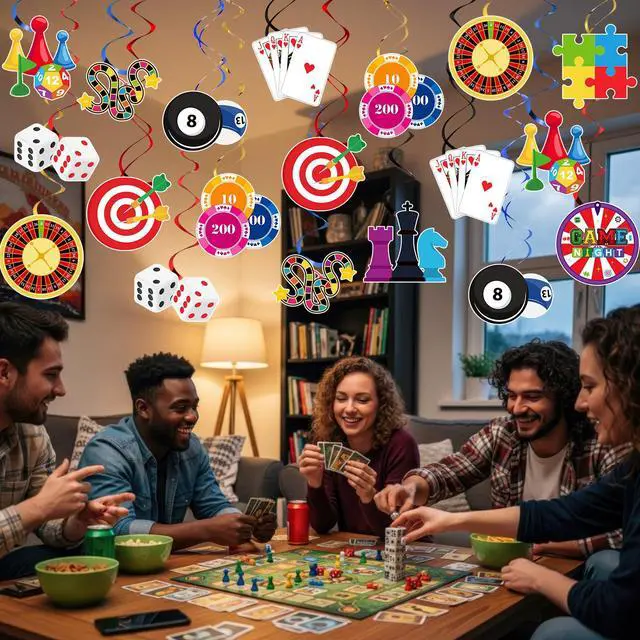 Alt view image 5 of 6 - 52 Pcs Game Night Hanging Swirl Decorations Game Night Ceiling Hanging Swirls Funny Chess Card Games Ceiling Streamers for Adults Family Birthday Casino Gamer Party Supplies Decor(Games)