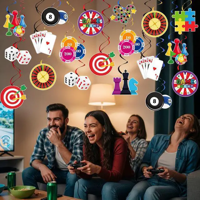 Alt view image 6 of 6 - 52 Pcs Game Night Hanging Swirl Decorations Game Night Ceiling Hanging Swirls Funny Chess Card Games Ceiling Streamers for Adults Family Birthday Casino Gamer Party Supplies Decor(Games)