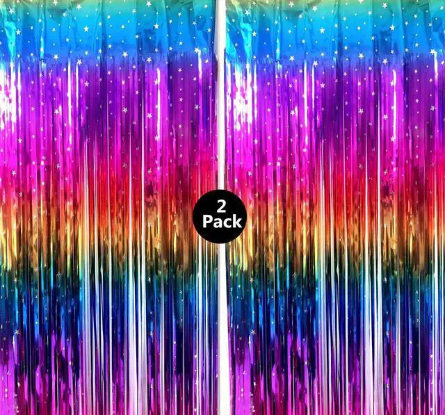 Main image of Rainbow Tinsel Foil Fringe Curtains 2 Pack Rainbow Party Decorations 3.3x6.6ft Metallic Streamers for Birthday Wedding Engagement Graduation Baby Shower Photo Booth Props Backdrop