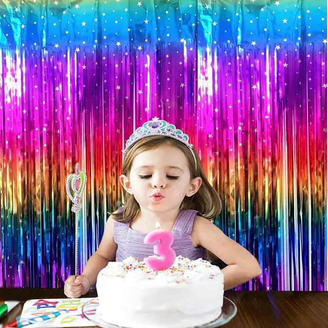 Alt view image 2 of 6 - Rainbow Tinsel Foil Fringe Curtains 2 Pack Rainbow Party Decorations 3.3x6.6ft Metallic Streamers for Birthday Wedding Engagement Graduation Baby Shower Photo Booth Props Backdrop