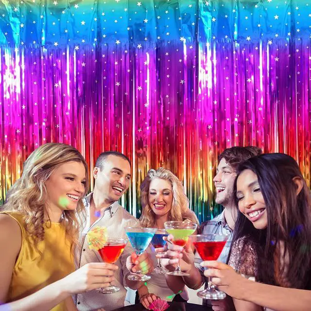 Alt view image 3 of 6 - Rainbow Tinsel Foil Fringe Curtains 2 Pack Rainbow Party Decorations 3.3x6.6ft Metallic Streamers for Birthday Wedding Engagement Graduation Baby Shower Photo Booth Props Backdrop