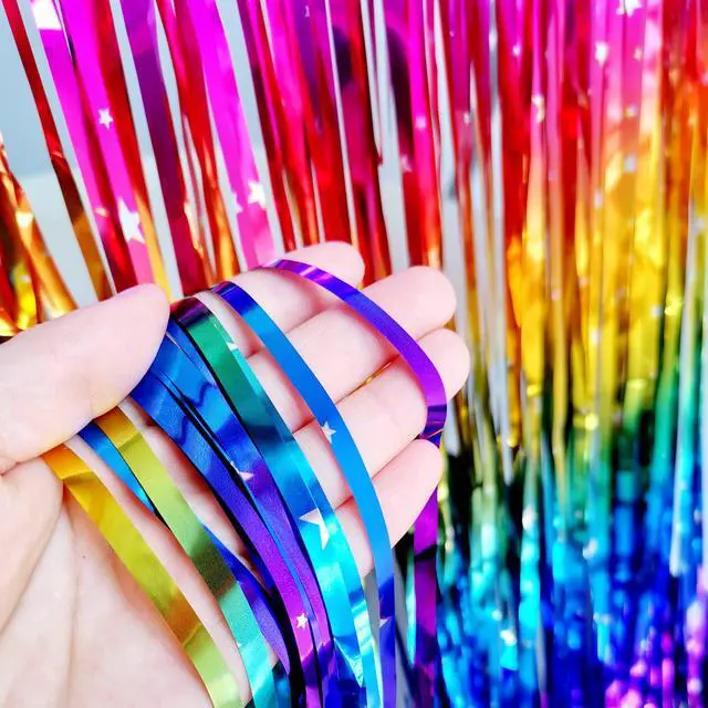 Alt view image 5 of 6 - Rainbow Tinsel Foil Fringe Curtains 2 Pack Rainbow Party Decorations 3.3x6.6ft Metallic Streamers for Birthday Wedding Engagement Graduation Baby Shower Photo Booth Props Backdrop