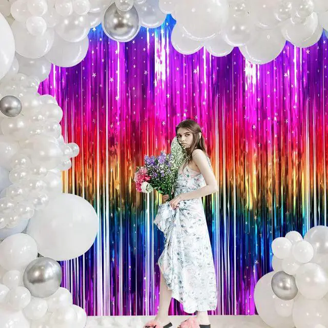 Alt view image 6 of 6 - Rainbow Tinsel Foil Fringe Curtains 2 Pack Rainbow Party Decorations 3.3x6.6ft Metallic Streamers for Birthday Wedding Engagement Graduation Baby Shower Photo Booth Props Backdrop
